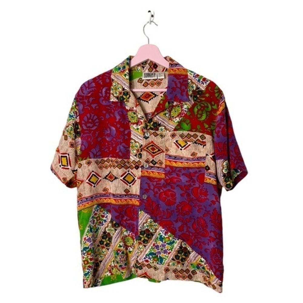 Chico’s silk shirt short sleeve button 1 Small patchwork‎ maximalist print boho